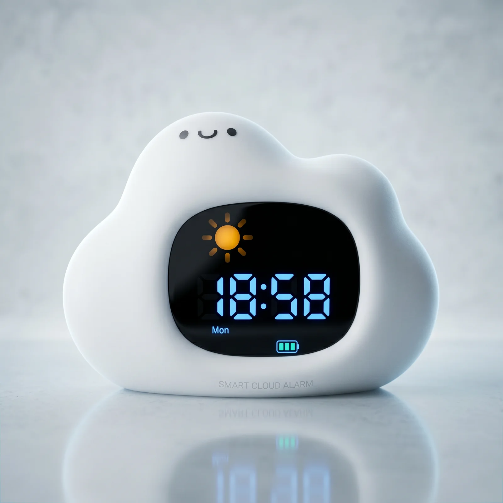 Noomu sky-formet natlampe Noomu søvntræner i hvid silikone, sky-formet med smilende ansigt og solikon på det hvide display